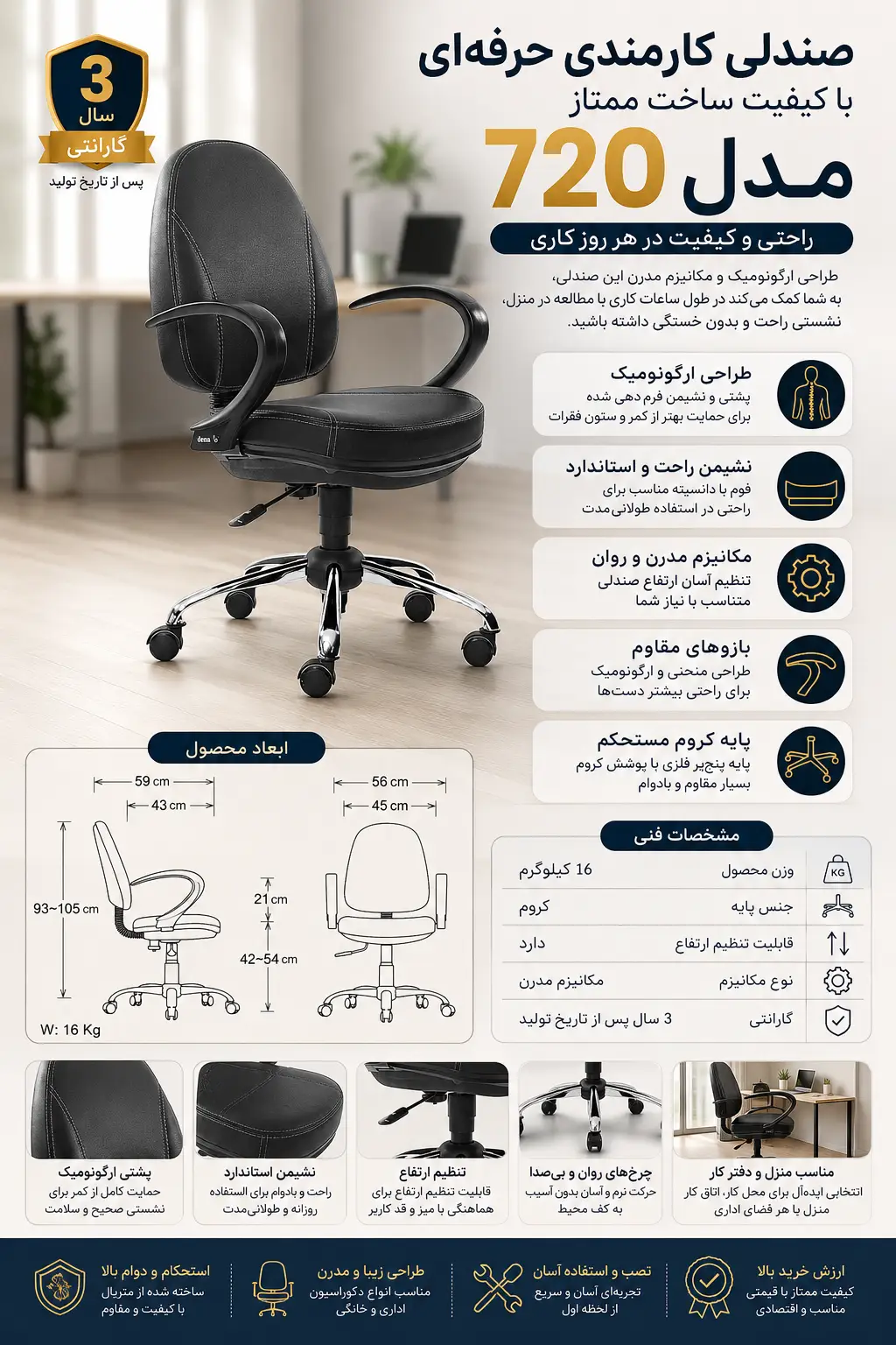 صندلی کارمندی حرفه‌ای با کیفیت ساخت ممتاز مدل 720