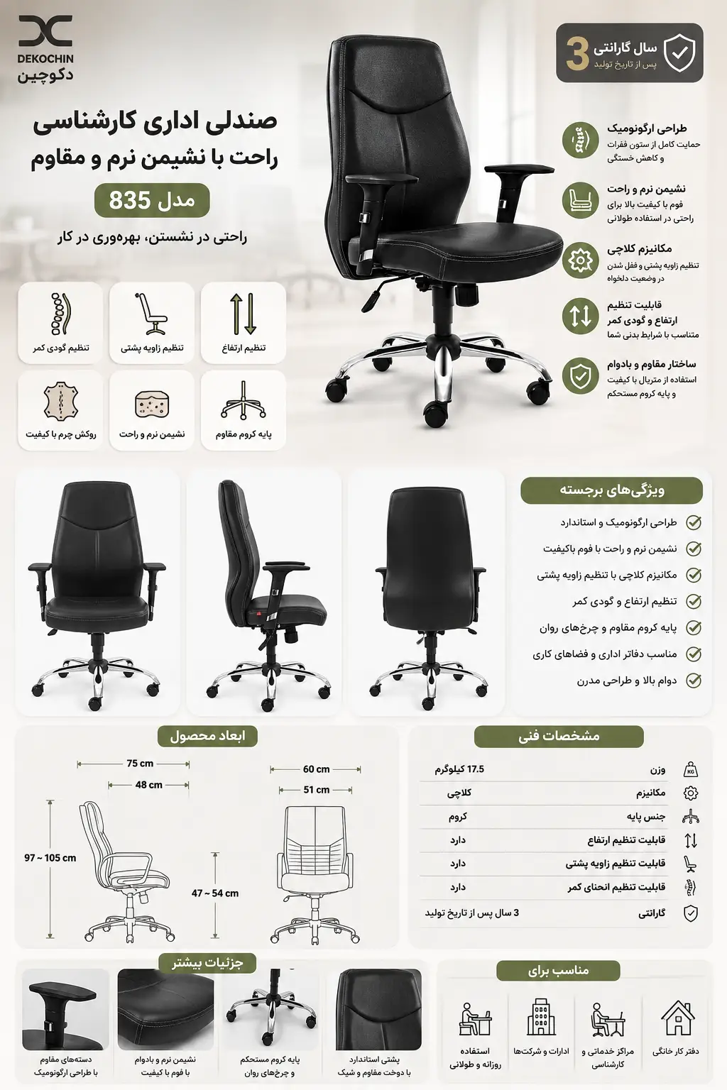 اینفوگرافیک صندلی اداری کارشناسی راحت با نشیمن نرم و مقاوم مدل 835