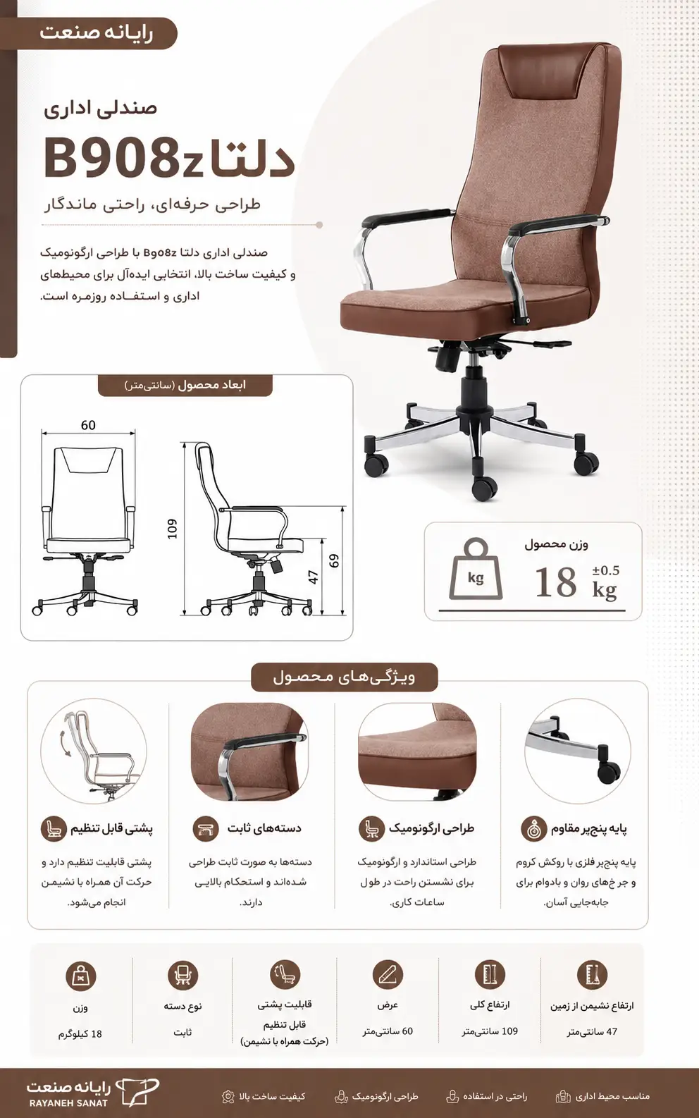 صندلی اداری رایانه صنعت مدل دلتا B908z